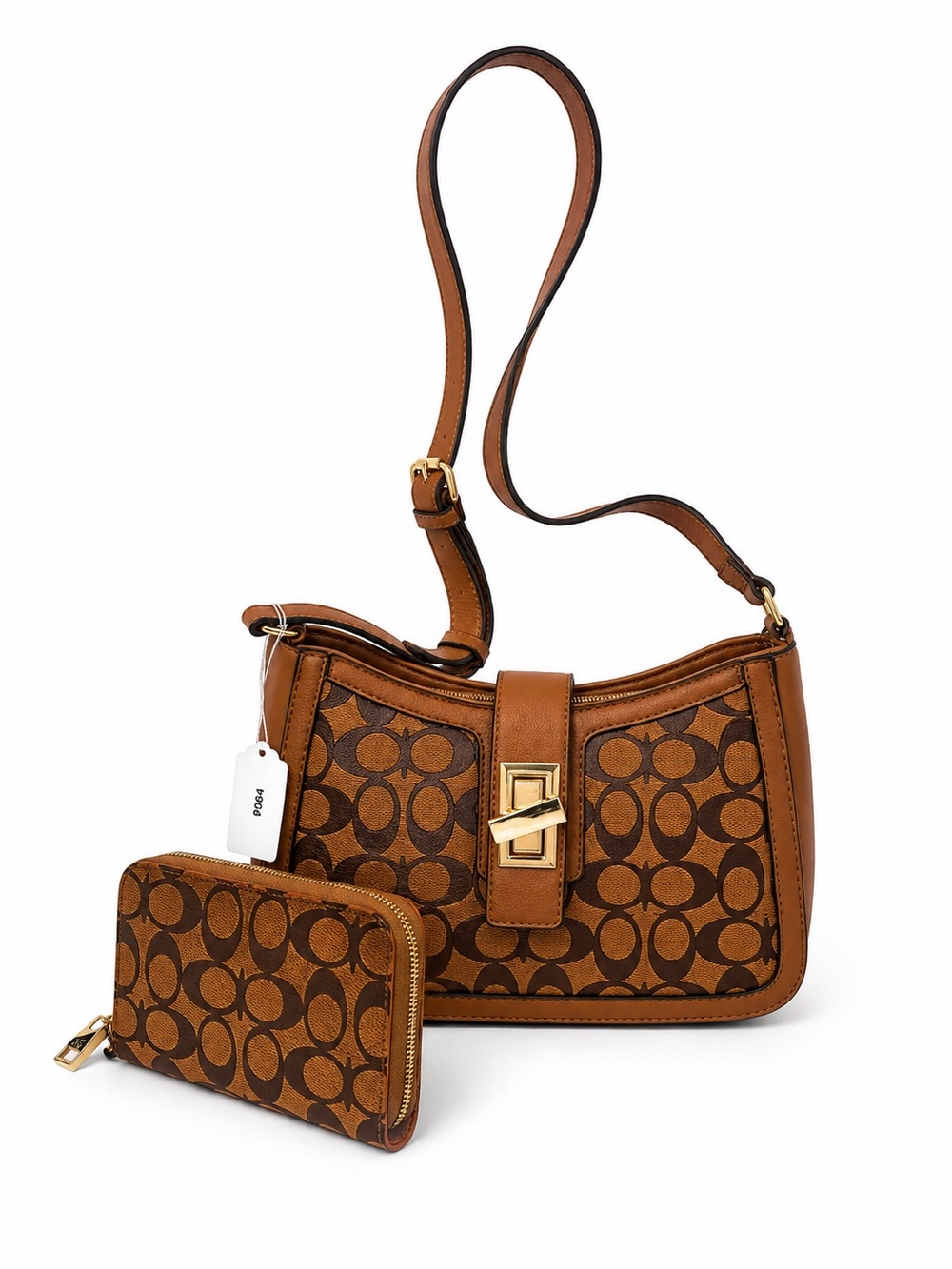 Signature Monogram Brown Shoulder Bag with Zip Wallet